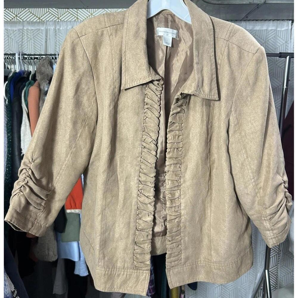 Christopher & Banks L 3/4 Sleeve Open Blazer Tan Faux Suede Ruched Sz L
